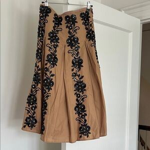 J. Crew Camel A-Line Skirt with Black Embroidery